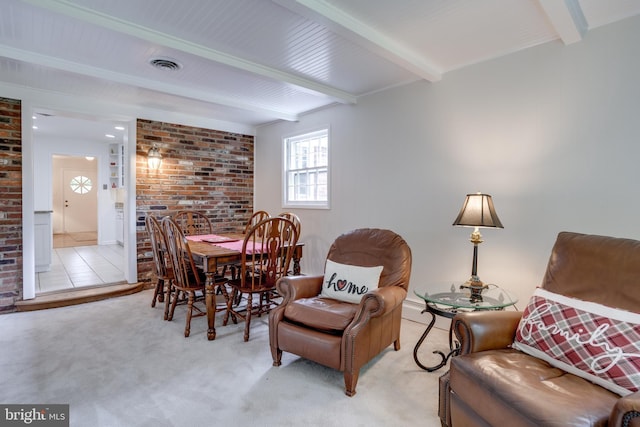 8605 Virginia Ave, Annandale, VA 22003 - living area featuring beamed ceiling, light carpet, and brick wall