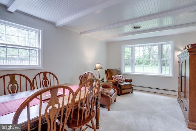 8605 Virginia Ave, Annandale, VA 22003 - dining space featuring a baseboard radiator, beam ceiling, and light carpet