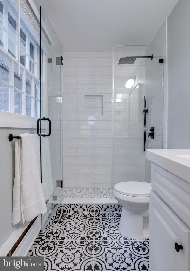 8605 Virginia Ave, Annandale, VA 22003 - bathroom featuring toilet, vanity, a shower stall, and tile patterned floors