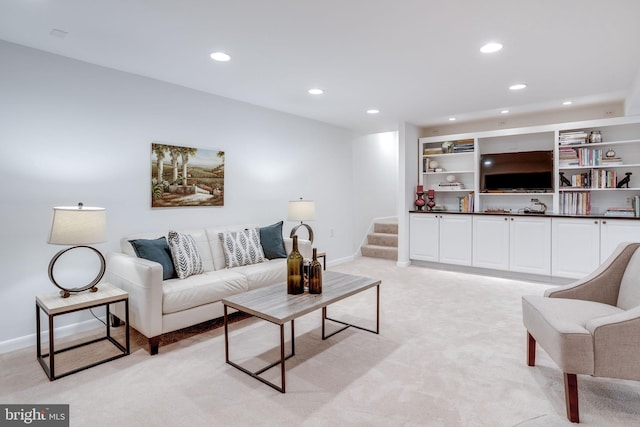 8605 Virginia Ave, Annandale, VA 22003 - living area with light carpet, stairs, recessed lighting, and baseboards
