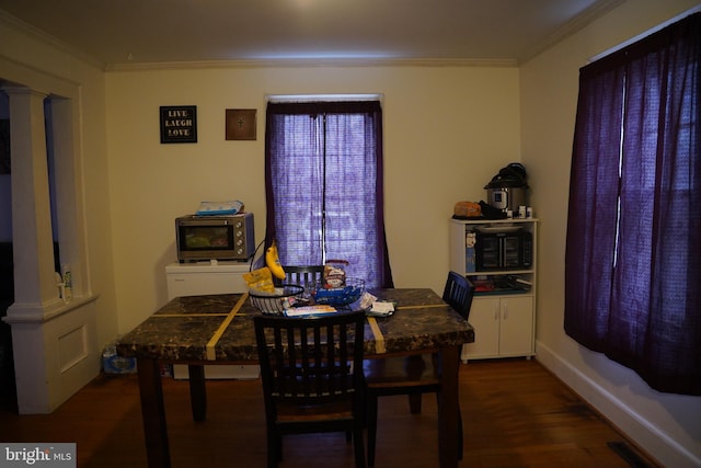 185 Middleway, Inwood, WV 25428 - dining room with decorative columns, visible vents, dark wood-style flooring, and ornamental molding
