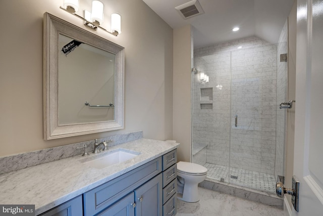 full bath featuring vanity, visible vents, a shower stall, toilet, and marble finish floor