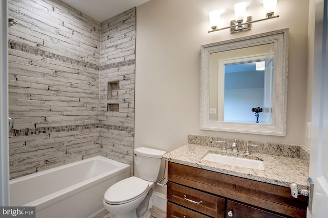 full bath with toilet, vanity, and bathing tub / shower combination