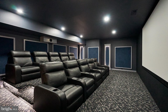 carpeted home theater room with recessed lighting and visible vents