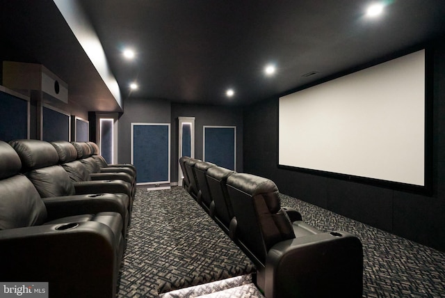 cinema room featuring recessed lighting, carpet, and visible vents