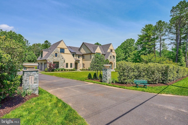 view of front of property featuring stone siding and a front lawn