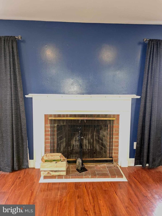 room details with wood finished floors and a fireplace with raised hearth