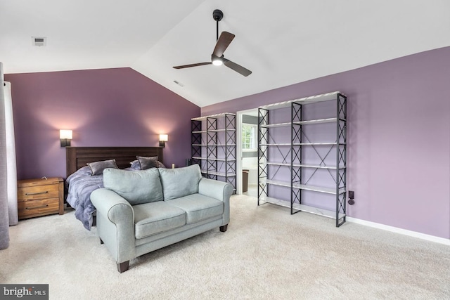 bedroom featuring visible vents, carpet flooring, baseboards, ceiling fan, and vaulted ceiling