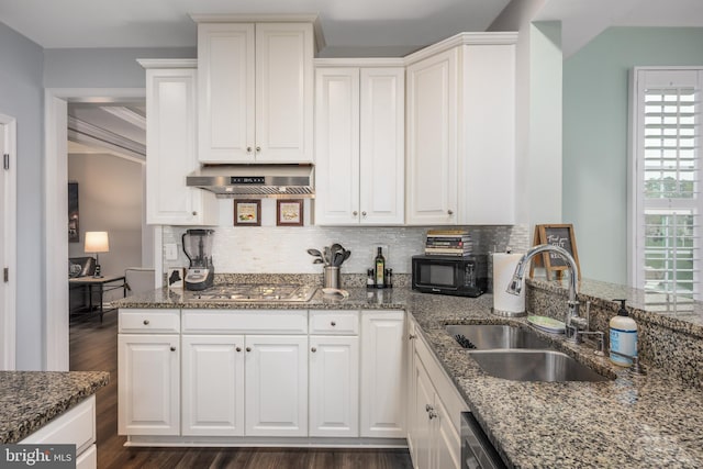 10437 Windlass Run Rd, Baltimore, MD 21220 - kitchen with a sink, dark wood-style flooring, under cabinet range hood, decorative backsplash, and stainless steel gas cooktop