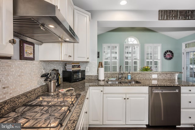 10437 Windlass Run Rd, Baltimore, MD 21220 - kitchen featuring appliances with stainless steel finishes, white cabinetry, decorative backsplash, a sink, and ventilation hood