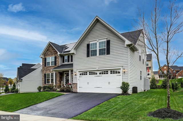 10437 Windlass Run Rd, Baltimore, MD 21220 - traditional-style home with aphalt driveway, a garage, stone siding, and a front yard