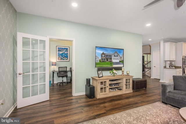 10437 Windlass Run Rd, Baltimore, MD 21220 - living room with dark wood-style floors, baseboards, and a ceiling fan