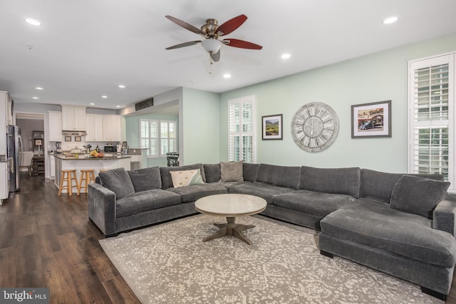 10437 Windlass Run Rd, Baltimore, MD 21220 - living room featuring ceiling fan, dark wood-style floors, and recessed lighting