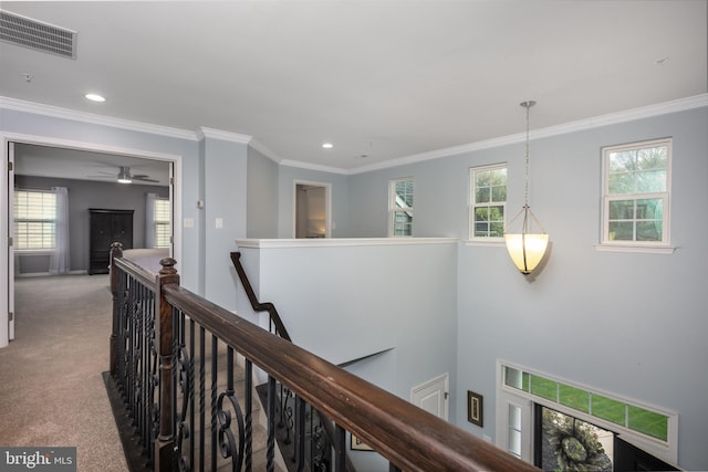 10437 Windlass Run Rd, Baltimore, MD 21220 - hallway featuring visible vents, an upstairs landing, carpet flooring, and recessed lighting