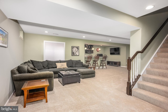 10437 Windlass Run Rd, Baltimore, MD 21220 - living room featuring light carpet, stairs, bar area, and recessed lighting
