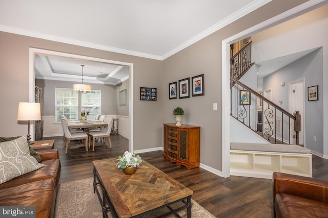 10437 Windlass Run Rd, Baltimore, MD 21220 - living area with crown molding, baseboards, wood finished floors, and stairs