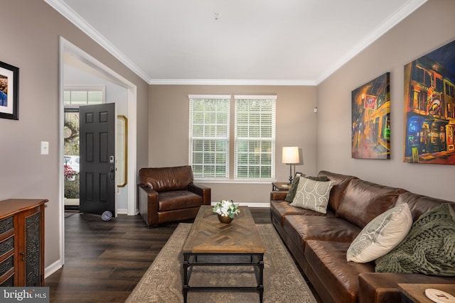10437 Windlass Run Rd, Baltimore, MD 21220 - living room featuring dark wood-type flooring, baseboards, and crown molding