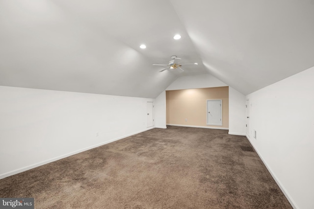 bonus room featuring lofted ceiling, recessed lighting, carpet, baseboards, and ceiling fan