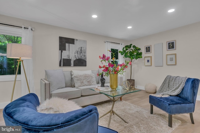 living area featuring recessed lighting, baseboards, and wood finished floors