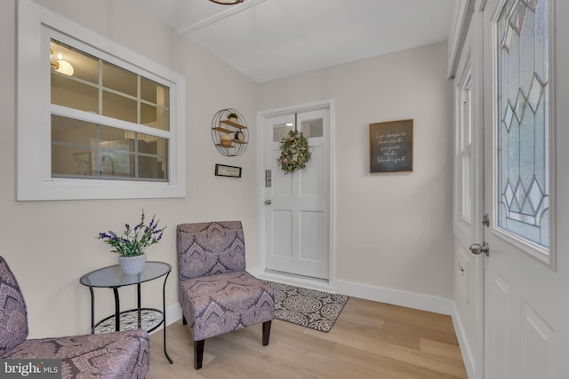 foyer with baseboards and wood finished floors