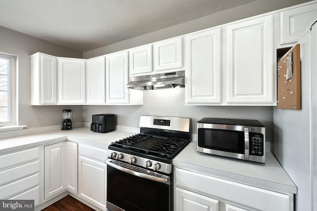 kitchen with white cabinetry, under cabinet range hood, and stainless steel appliances