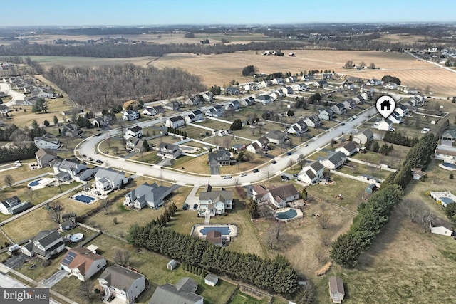 bird's eye view featuring a residential view and a rural view