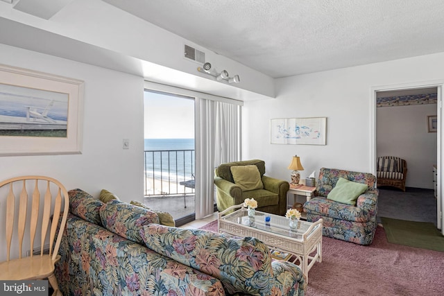 9400 Coastal Hwy Unit 1901, Ocean City, MD 21842 - carpeted living room featuring visible vents, a textured ceiling, and a water view
