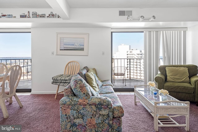 9400 Coastal Hwy Unit 1901, Ocean City, MD 21842 - living area with carpet, a healthy amount of sunlight, visible vents, and baseboards