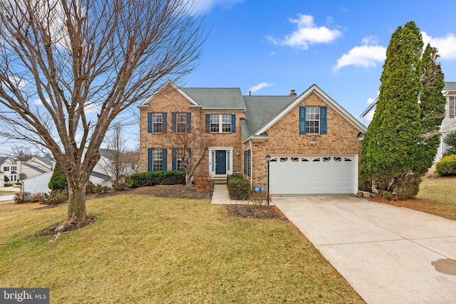 traditional-style house with a front yard, an attached garage, a shingled roof, concrete driveway, and brick siding