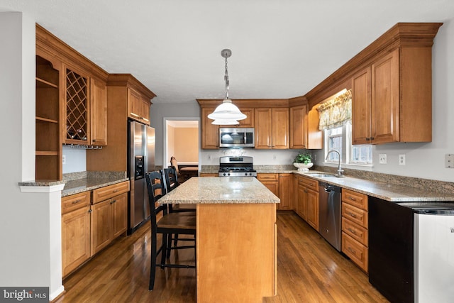 kitchen with a sink, a center island, dark wood finished floors, stainless steel appliances, and open shelves