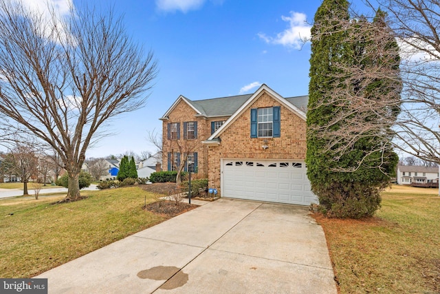 traditional-style house featuring a front lawn, concrete driveway, brick siding, and a garage