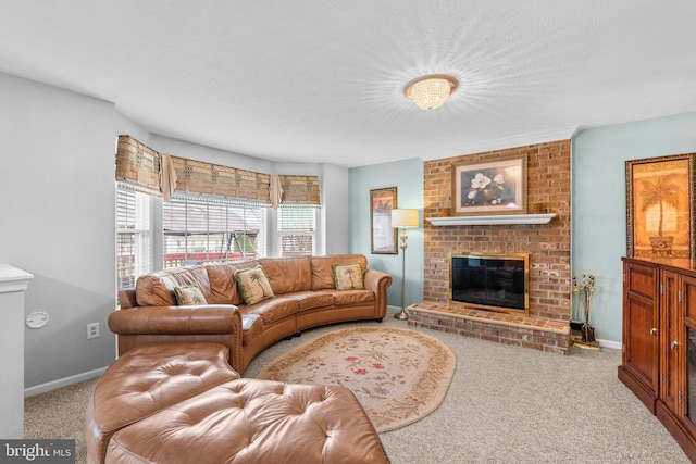 carpeted living area featuring a fireplace and baseboards