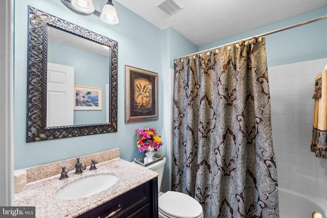 full bathroom with visible vents, shower / tub combo with curtain, toilet, a textured ceiling, and vanity