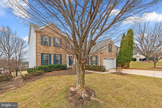 view of front facade featuring brick siding, driveway, an attached garage, and a front lawn