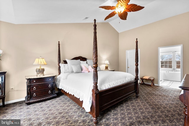 bedroom featuring baseboards, visible vents, carpet floors, vaulted ceiling, and connected bathroom