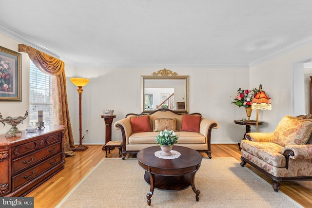 living room featuring light wood-style flooring and crown molding