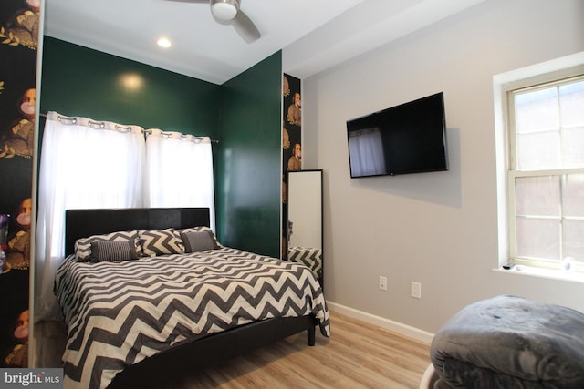 bedroom with recessed lighting, a ceiling fan, baseboards, and wood finished floors