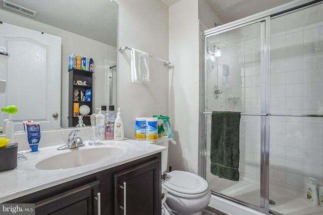 bathroom with toilet, vanity, a stall shower, and visible vents