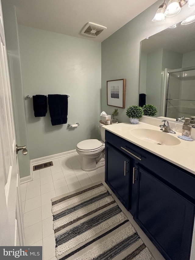 full bathroom with visible vents, toilet, a stall shower, and vanity