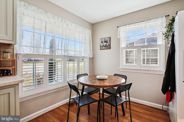 dining room featuring dark wood-type flooring and baseboards