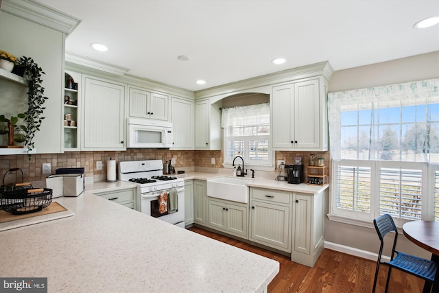 kitchen with decorative backsplash, white appliances, dark wood-style flooring, and a sink