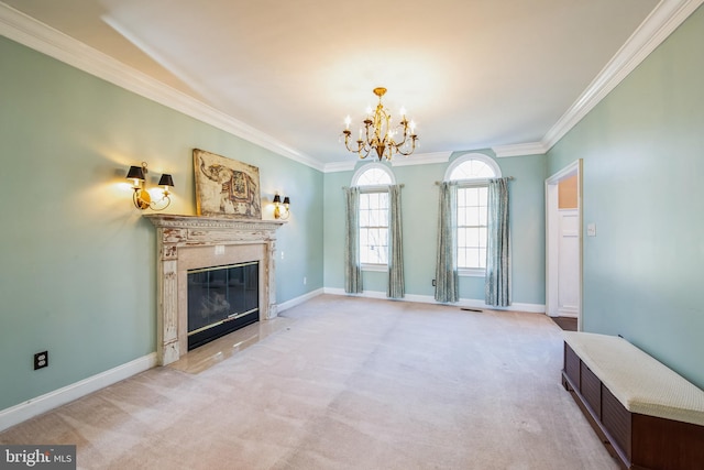 unfurnished living room with a notable chandelier, baseboards, and light carpet