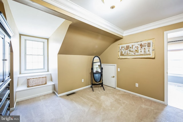 interior space featuring lofted ceiling, baseboards, visible vents, and carpet floors