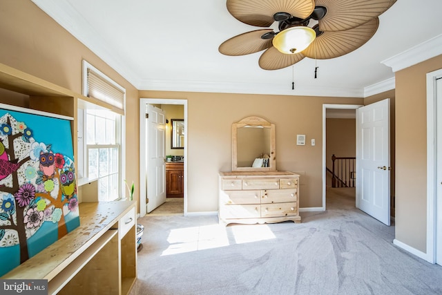 bedroom featuring baseboards, carpet floors, and ornamental molding