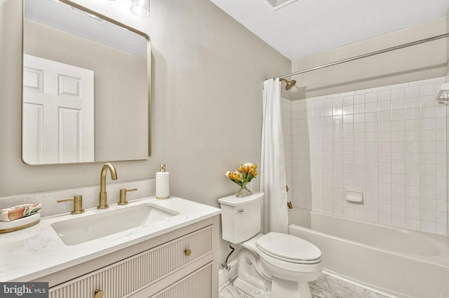 full bath with vanity, toilet, and shower / tub combo with curtain