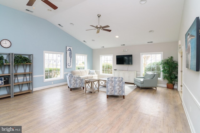 4101D Fullerton Ct, Milford, DE 19963 - living room featuring high vaulted ceiling, visible vents, light wood finished floors, and ceiling fan