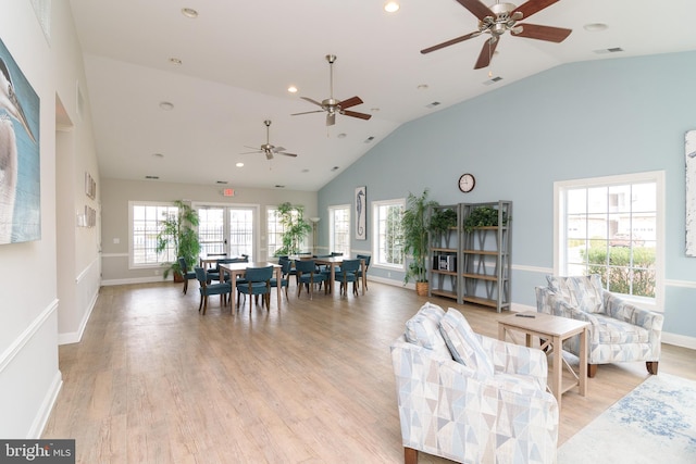 4101D Fullerton Ct, Milford, DE 19963 - living room featuring visible vents, high vaulted ceiling, ceiling fan, and light wood finished floors