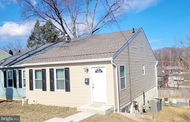 view of front of property featuring cooling unit and roof with shingles