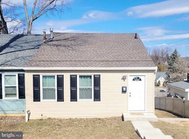 view of front of home with roof with shingles and fence