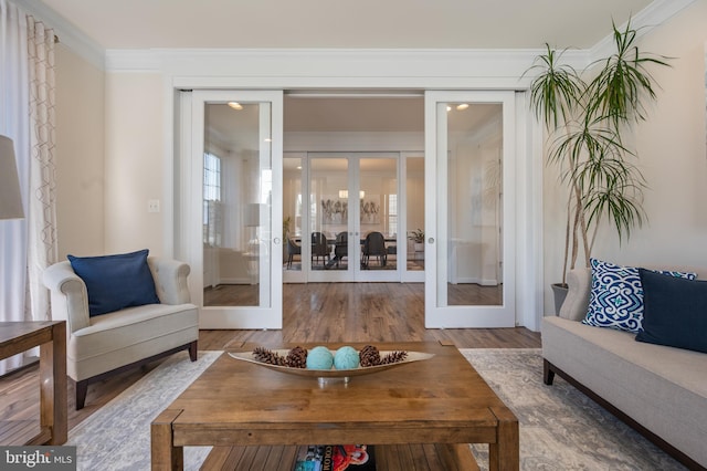 living room with wood finished floors, french doors, and ornamental molding